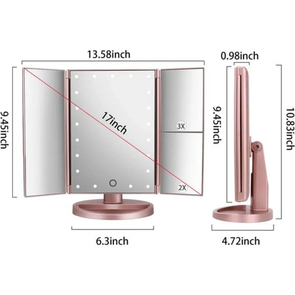 Dresser Mount Tri-Fold Lighted Vanity Mirror with 21 LED Lights, Touch Screen